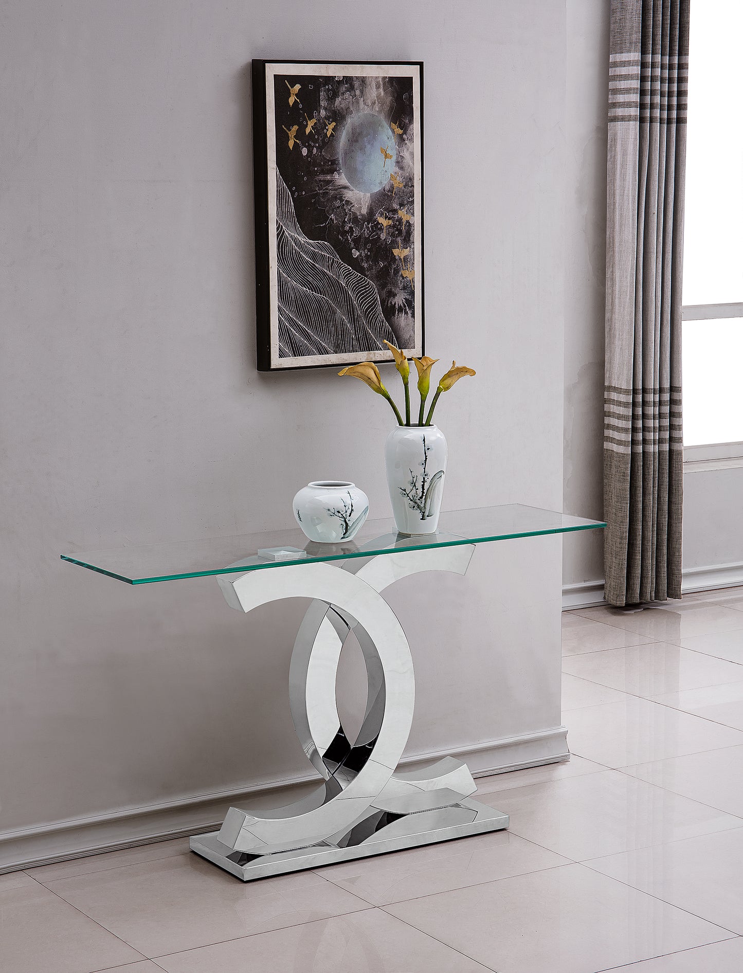 ST313 Modern Console Table with Tempered Glass Top & Stainless Steel Base