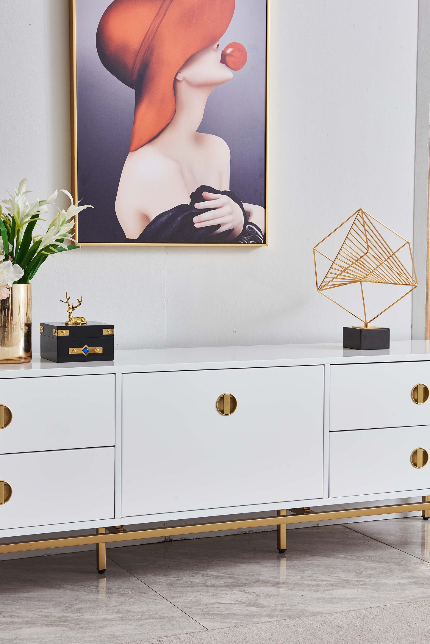 TV001 Elegant White MDF TV Stand with Gold Mirrored Finish