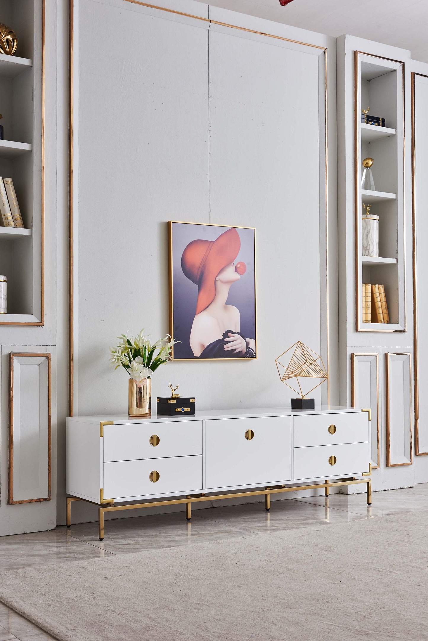 TV001 Elegant White MDF TV Stand with Gold Mirrored Finish