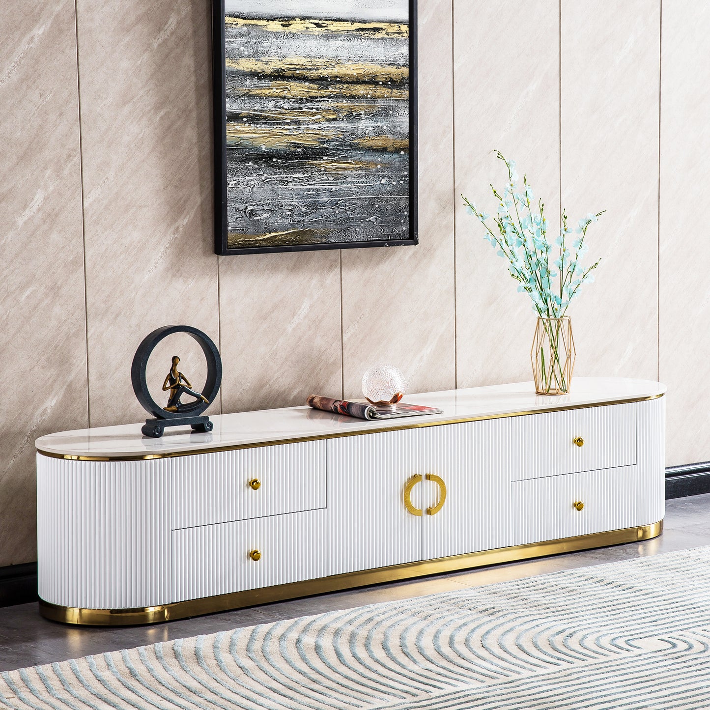 TV008 Modern White Lacquer TV Stand with Gold Stainless Steel Base