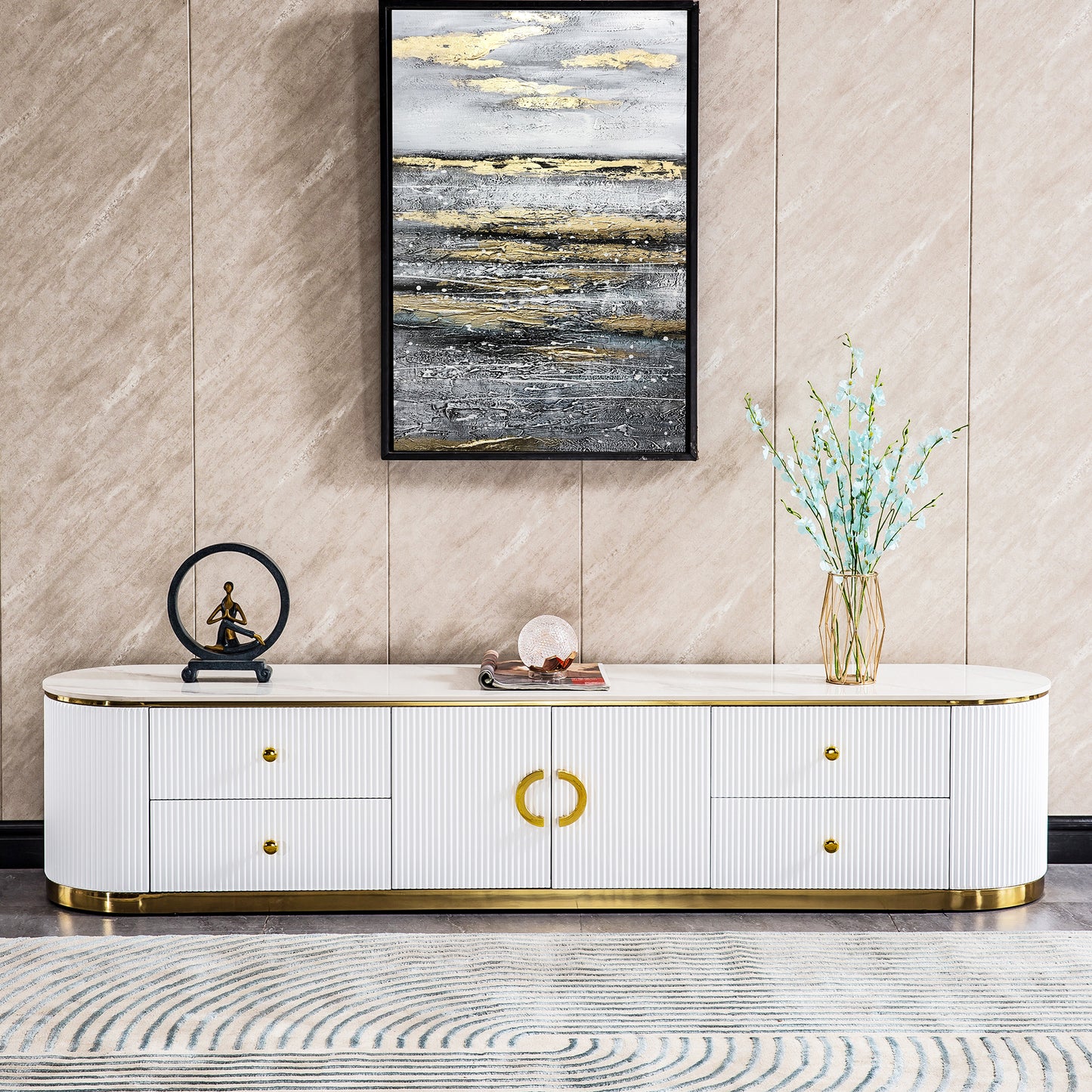 TV008 Modern White Lacquer TV Stand with Gold Stainless Steel Base