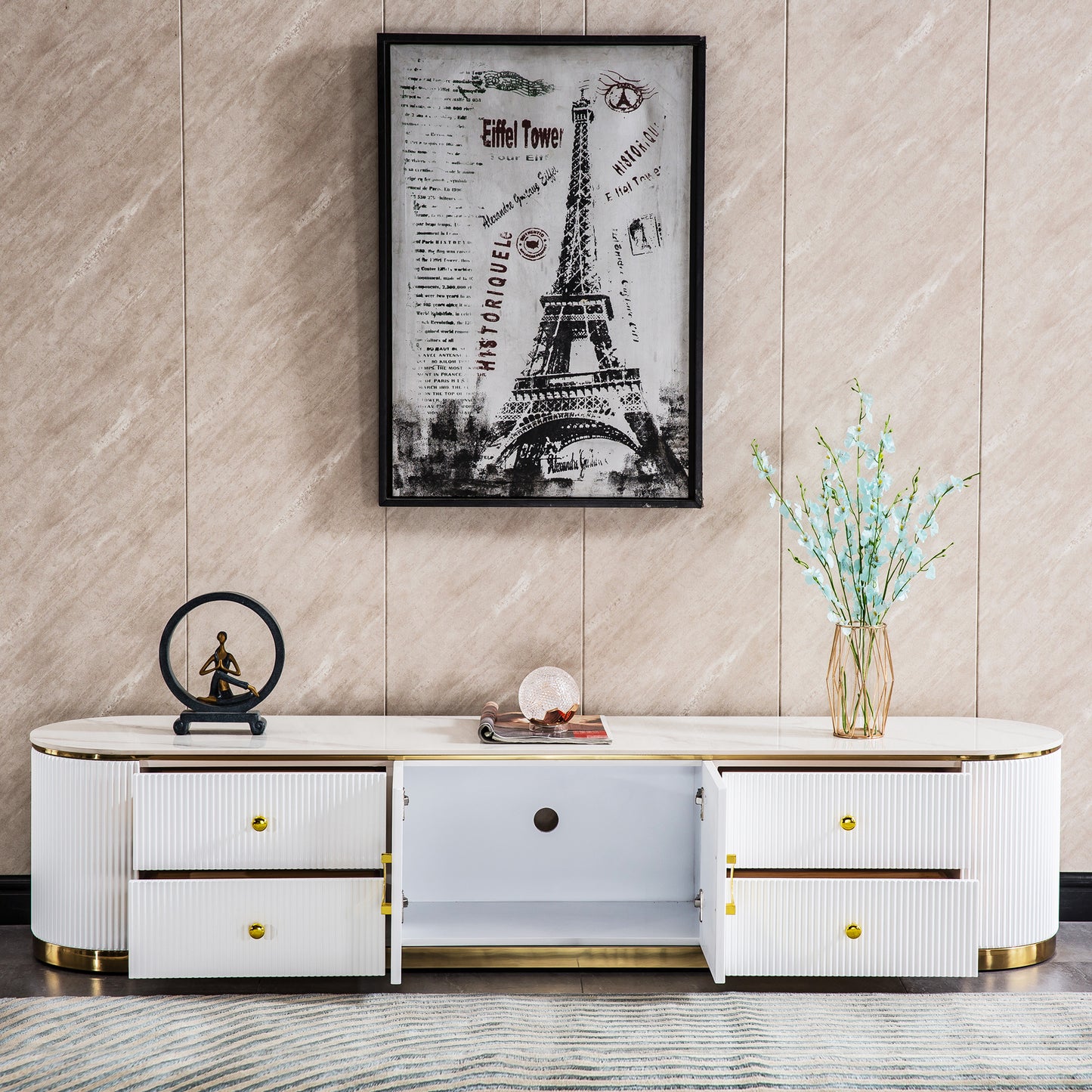 TV008 Modern White Lacquer TV Stand with Gold Stainless Steel Base