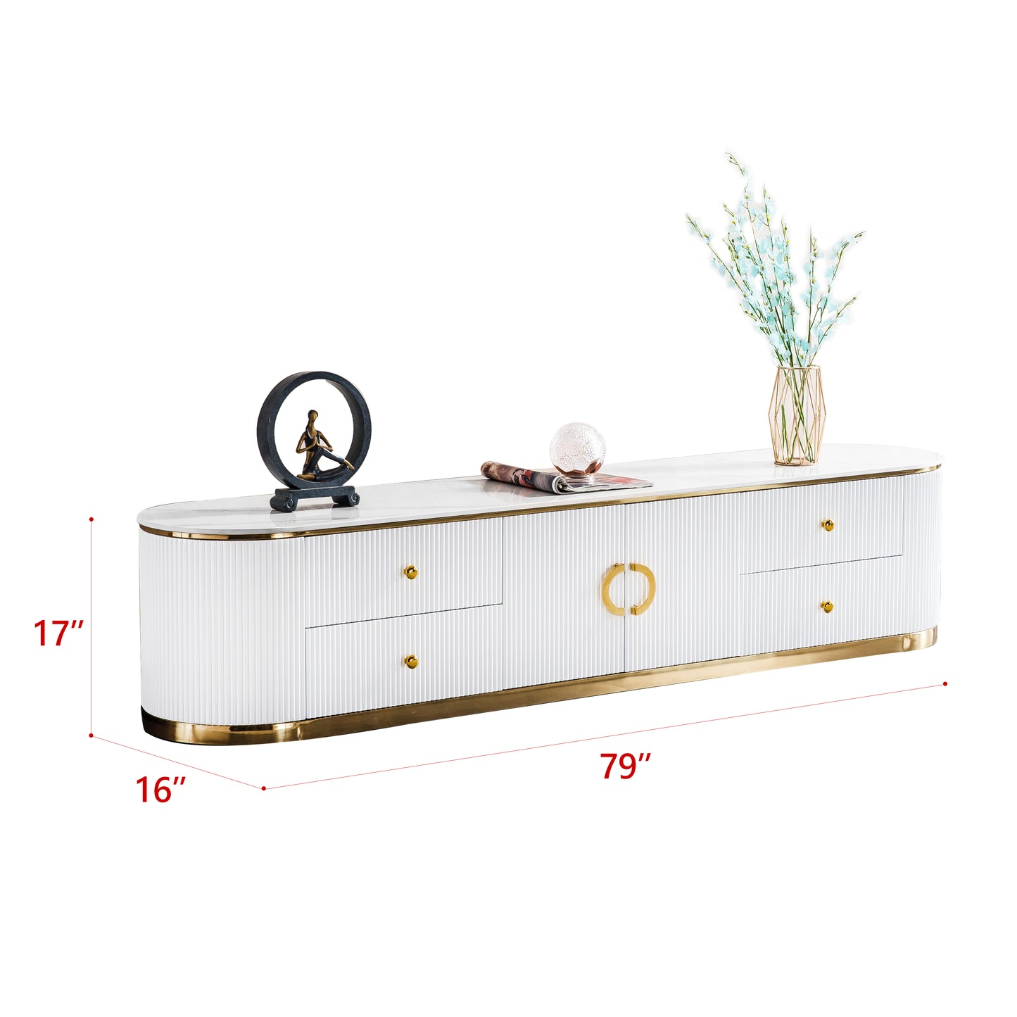 TV008 Modern White Lacquer TV Stand with Gold Stainless Steel Base